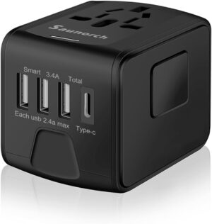 Universal International Travel Power Adapter W/ High Speed 2.4A USB-A, 3.0A USB-C Wall Charger, European Adapter, Worldwide AC Outlet Plugs Adapters for Europe, UK, US, AU, Asia-Black