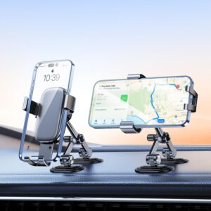 Universal Car Dashboard Phone Holder Mount, with 360° Rotating Gravity Sensor Clamp, Stable Metal & Sticky Base Cradle, Hands-Free Driving, for iPhone, Android, GPS, Grey