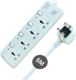 INFLUX Extension Cord with 4-Outlet - 5 Meter Multi Plug Extension Cable for Maximum Reach and Versatility - Power Strip with Universal Plug adapter and Heavy duty power Cord with 13A Fused plug.